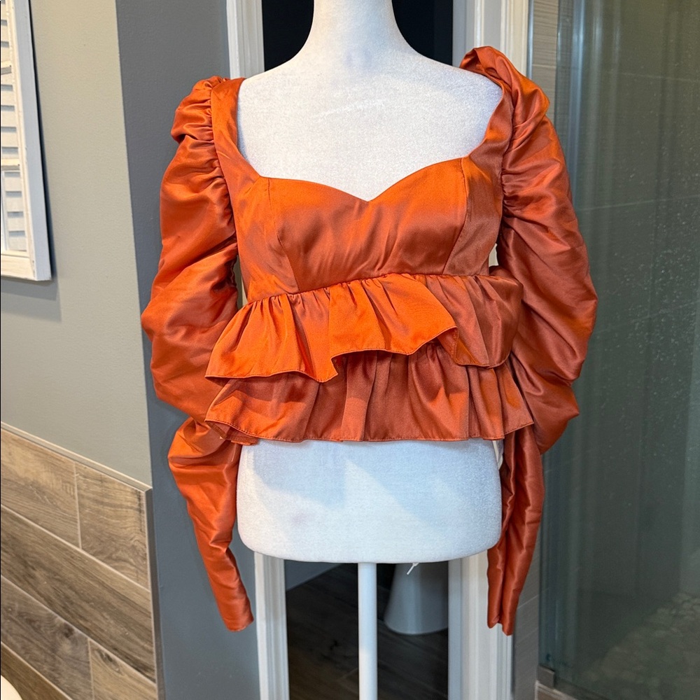 Asos Luxe Satin Babydoll Blouse Ruffle Blouson Sleeve Cinnamon Long Size 6 NWT - Picture 5 of 12